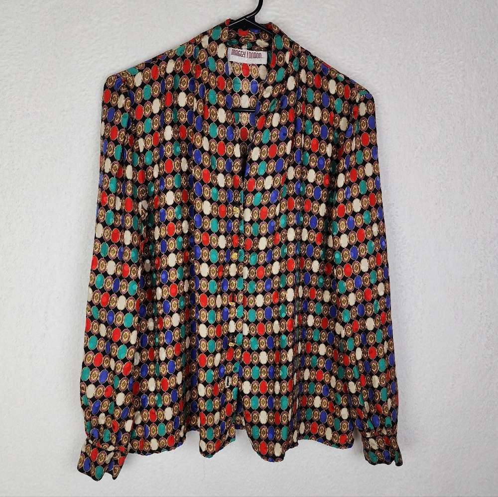 VINTAGE MAGGY LONDON Printed Button Down Blouse M